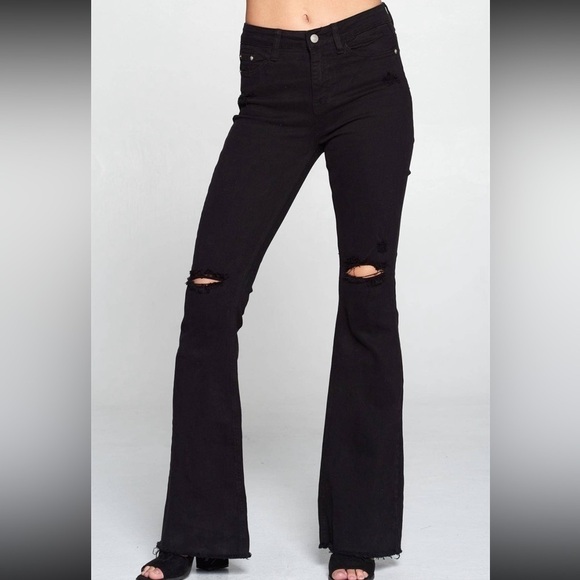 Women’s Black Distressed Western High Rise Stretch Flare Leg Denim Jeans - Picture 1 of 9
